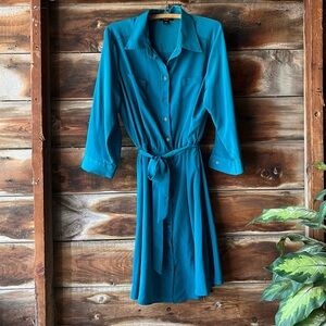 Shirtdress size 14 teal midi button-down button-up collar shirt-dress L XL